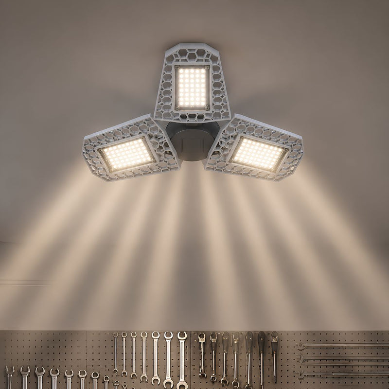 Lámpara LED Ajustable para Garaje 100W E27. Luz Cálida con Paneles Plegables 90°. Foco Bombillo para Taller, Depósito y Almacén.