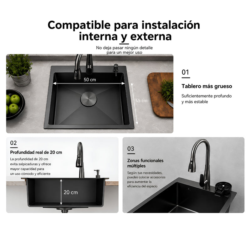 Fregador de Cocina 1 Tina SUS 304 Acero Inoxidable con Dispensador de Jabón. Lavaplatos Empotrable con Dispensador y Drenaje Anticondensación (50*45*20cm) Color Plomo