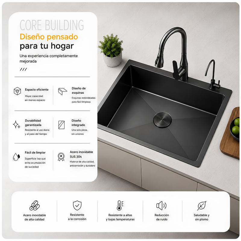 Fregador de Cocina 1 Tina SUS 304 Acero Inoxidable con Dispensador de Jabón. Lavaplatos Empotrable con Dispensador y Drenaje Anticondensación (50*45*20cm) Color Plomo