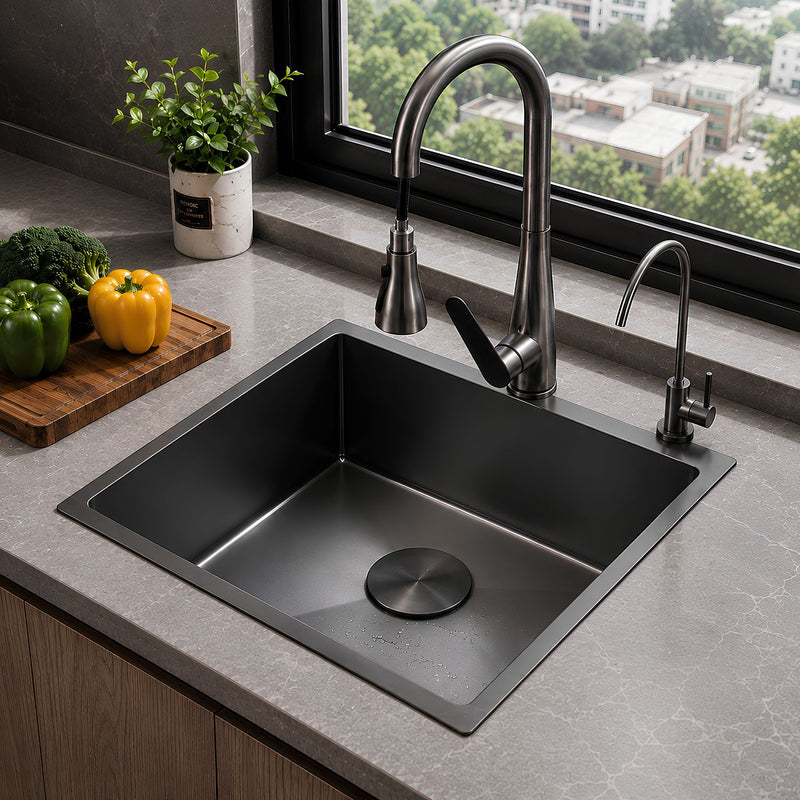 Fregador de Cocina 1 Tina SUS 304 Acero Inoxidable con Dispensador de Jabón. Lavaplatos Empotrable con Dispensador y Drenaje Anticondensación (50*45*20cm) Color Plomo
