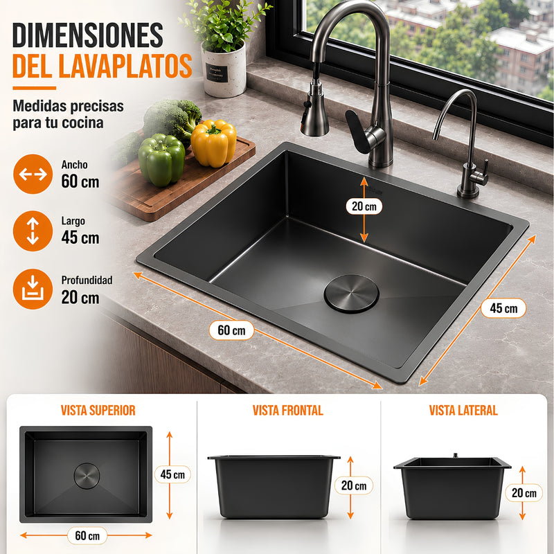Fregador de Cocina 1 Tina SUS 304 Acero Inoxidable con Dispensador de Jabón. Lavaplatos Empotrable con Dispensador y Drenaje Anticondensación (60x45x20cm) Color Plomo