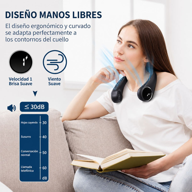 Abanico Portátil de Cuello Recargable USB Sin Aspas 360°. Ventilador Manos Libres de 3 Velocidades 4000 mAh y Display LED. Color Negro
