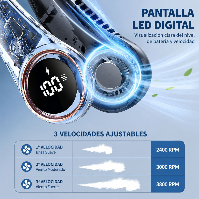 Abanico Portátil de Cuello Recargable USB Sin Aspas 360°. Ventilador Manos Libres de 3 Velocidades 4000 mAh y Display LED. Color Negro