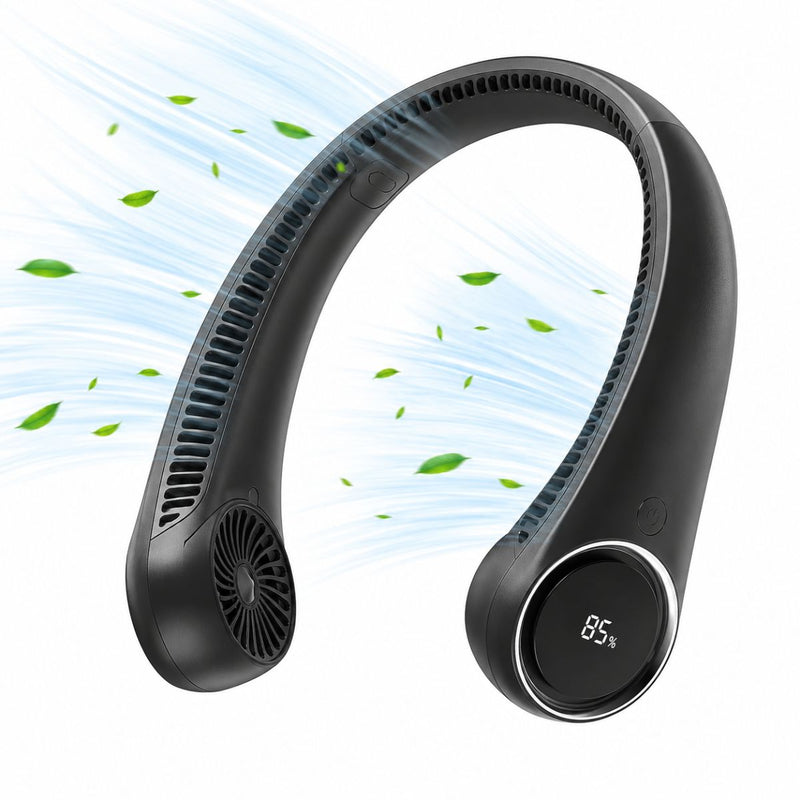 Abanico Portátil de Cuello Recargable USB Sin Aspas 360°. Ventilador Manos Libres de 3 Velocidades 4000 mAh y Display LED. Color Negro