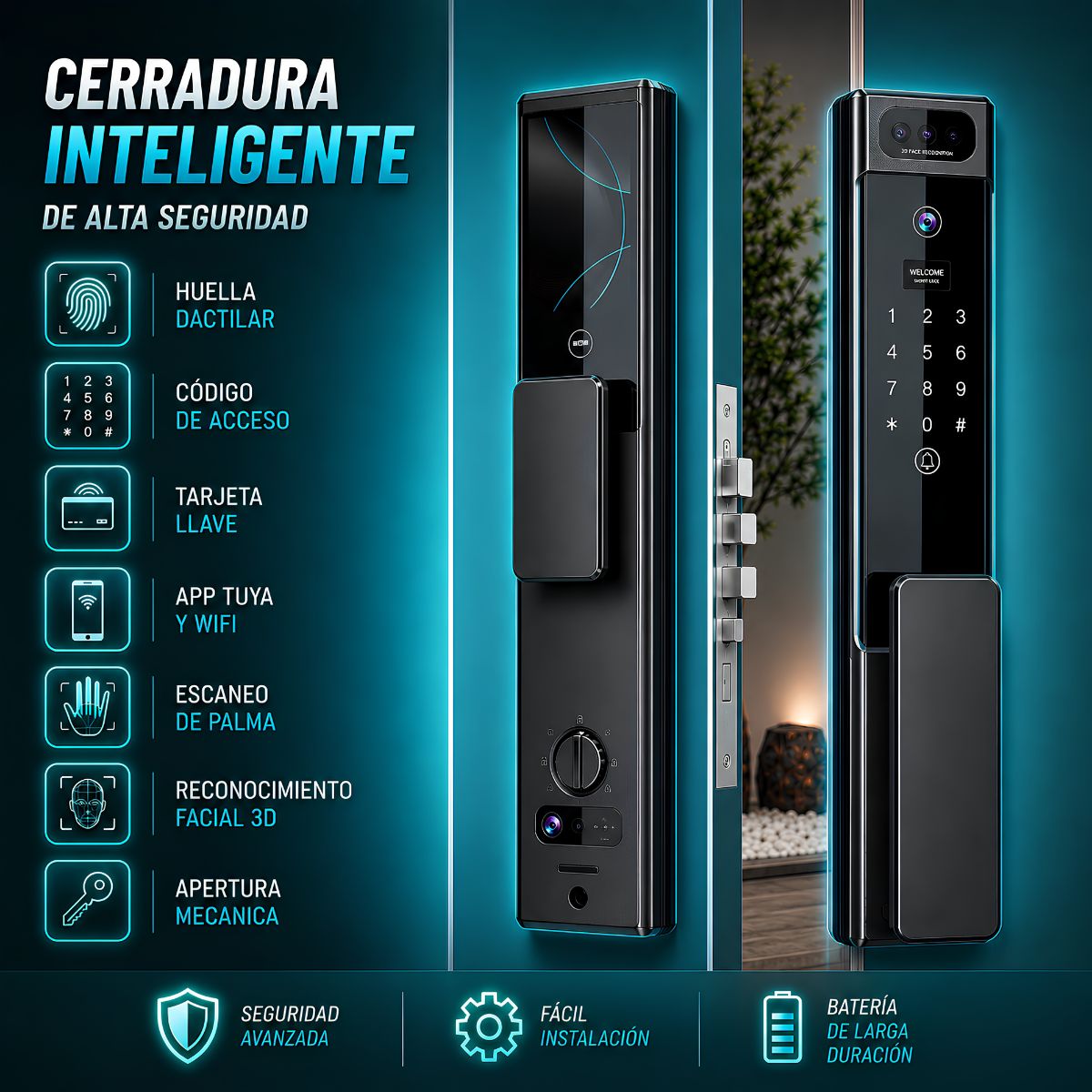Cerradura de puerta inteligente con reconocimiento facial 3D Smart Lock de seguridad 7 en 1 Video Huella contraseña app wifi fácil de instalar 417*73mm