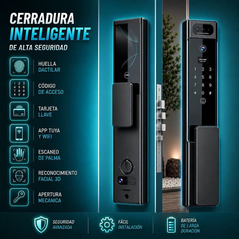 Cerradura de puerta inteligente con reconocimiento facial 3D Smart Lock de seguridad 7 en 1 Video Huella contraseña app wifi fácil de instalar 417*73mm