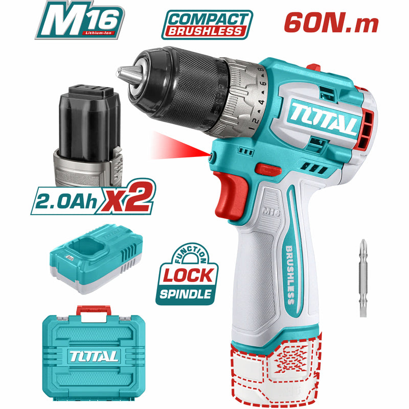 Drill Taladro Inalámbrico 16V 60N.m. 1/2" 2000 rpm Motor sin escobillas. Luz LED Incluye batería y cargador.