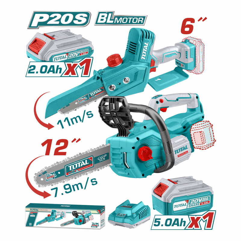 Combo total Motosierra 12" y Mini motosierra 6" 20V Motor sin escobillas. Incluye 2 Baterías 5.0ah y cargador. POCAS UNIDADES