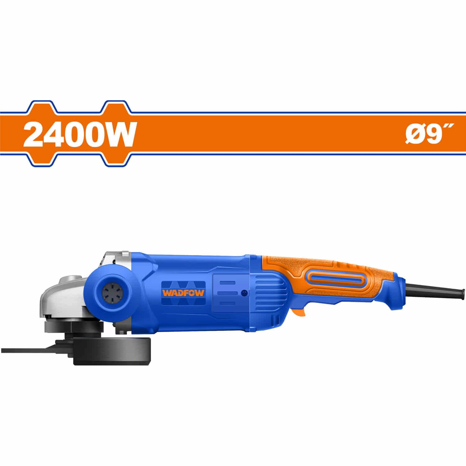 Esmeriladora Angular 9" 2400W. 110-120V ~ 50/60Hz. 6400rpm. No incluye disco. Esmeril Flexible.