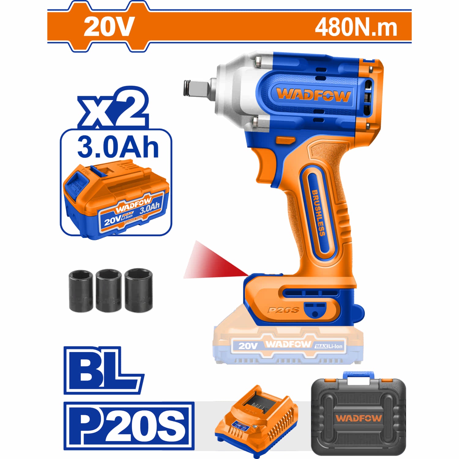 Llave Impacto Dado Cuadrado 1/2" 20V 480Nm. Motor sin escobillas. Incluye Batería, cargador, sockets y maletín.