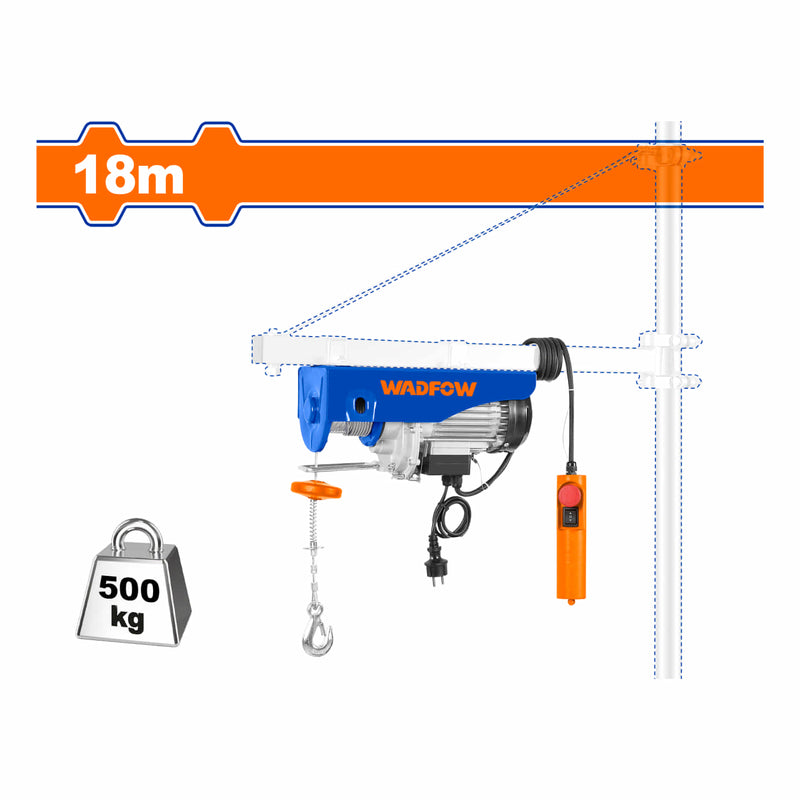 Winche Tecle Eléctrico grua 1000W Carga max 500Kg Elevación max 18m Velocidad 10m/min, 5m/min IP54 Polipasto Electrico