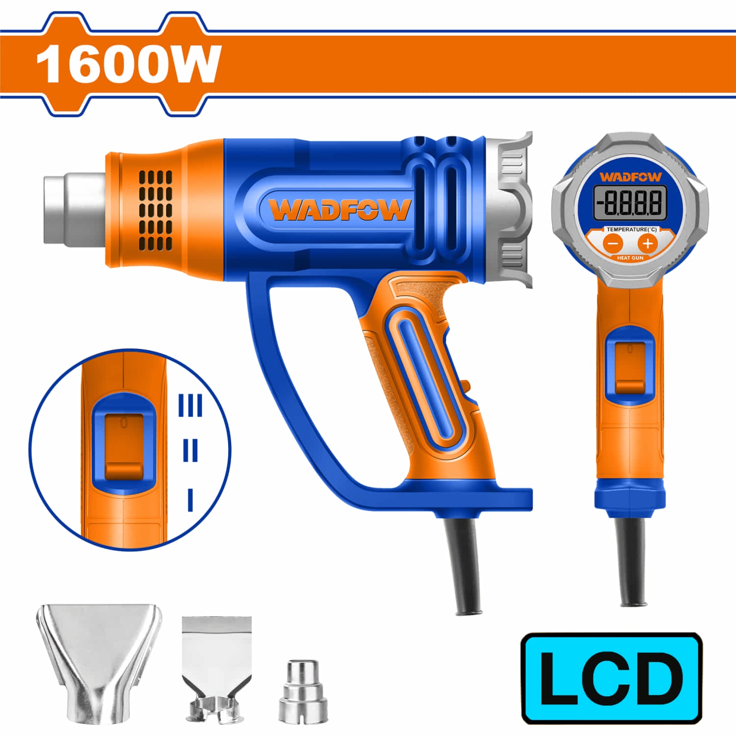 Pistola de calor 1600W 110-120V Temp 600ºC Pantalla LCD Incluye boquilla. Blower aire caliente