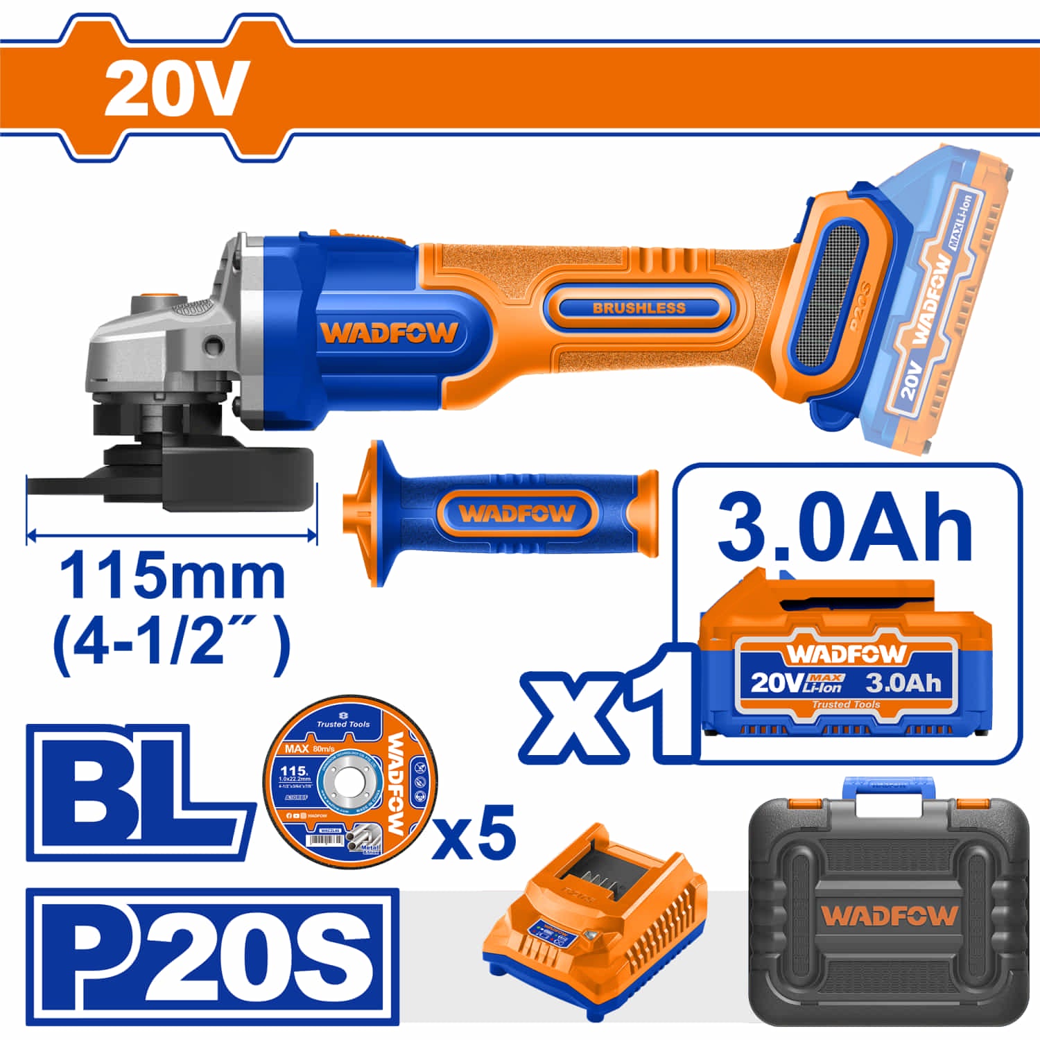 Flexible Inalámbrica 4 1/2” 20V 3000/9000rpm. Incluye batería, cargador, discos y estuche. Lijadora esmeriladora angular.