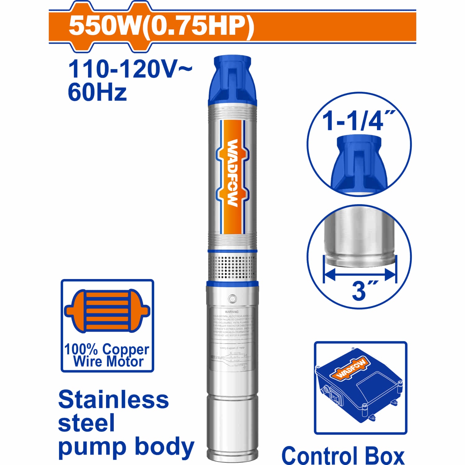 Bomba de pozo profundo cuerpo de 3" de acero inoxidable 0.75 Hp 550W 110-120V~60Hz 38m de altura 6.0 m³/h Diámetro 1-1/4" Motor con cable de acero. Control con enchufe.