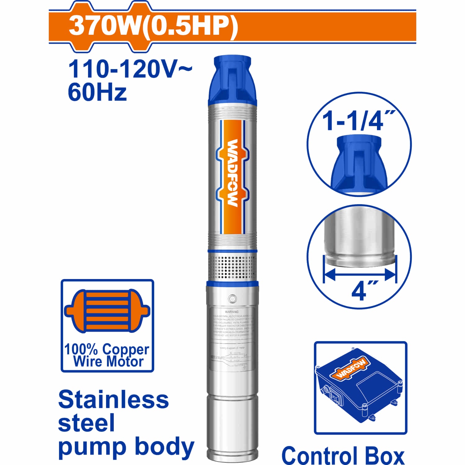 Bomba de pozo profundo cuerpo de 4" de acero inoxidable 1/2" hp 370W 110-120V~60Hz 48m de altura 6.7 m³/h Diámetro 1-1/4" Motor con cable de acero. Control con enchufe.