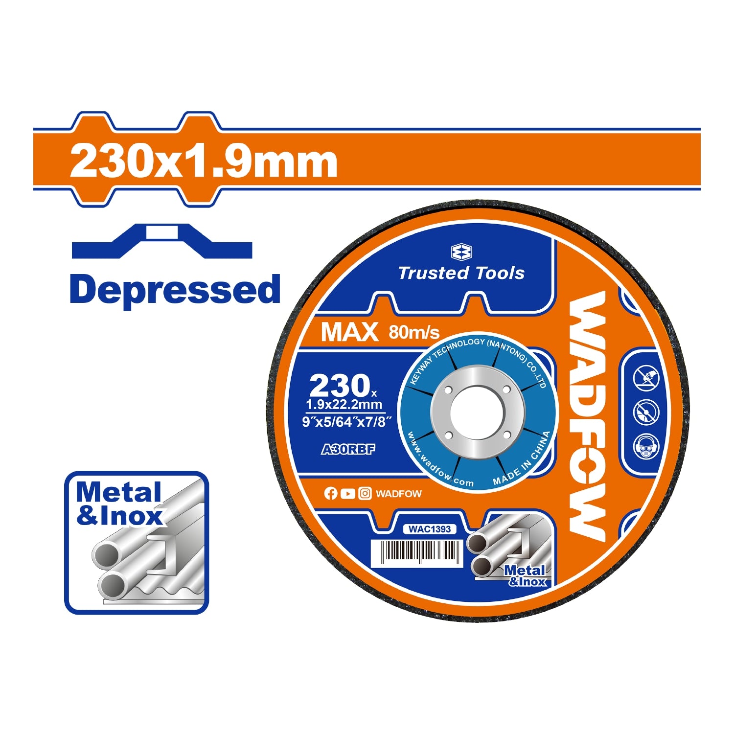 Disco de desbaste para metal abrasivo. 9"x 5/64" x 7/8". Centro concavo