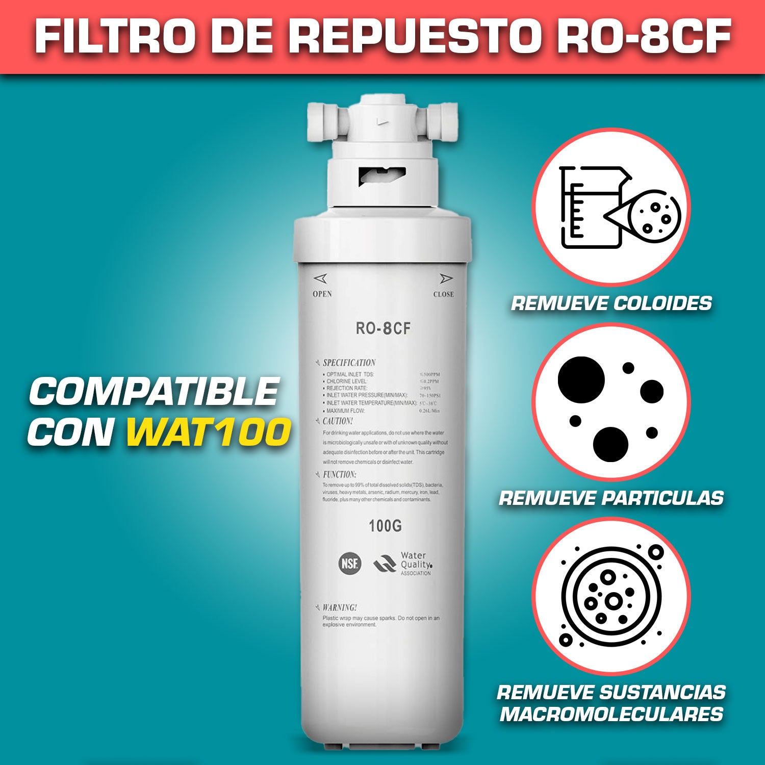 Filtro de repuesto RO-8CF (100G) para WAT100. Cambiar cada 12 meses.