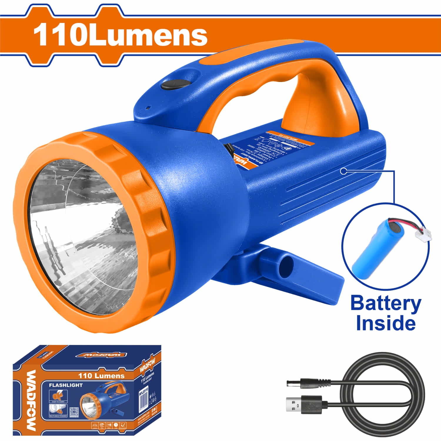 Linterna de mano. 110Lm. Interruptor de luz. Batería de iones de litio de 1500mAh Peso: 450g. D/L: 40/152mm. IP54 Carga con cable USB. Flashlight. Foco de Mano.