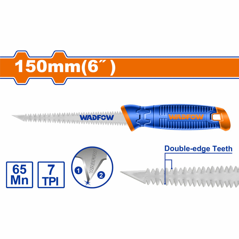 Sierra doble filo para gypsum de 6”. 65Mn. 7TPI. Serrucho para pared de yeso.