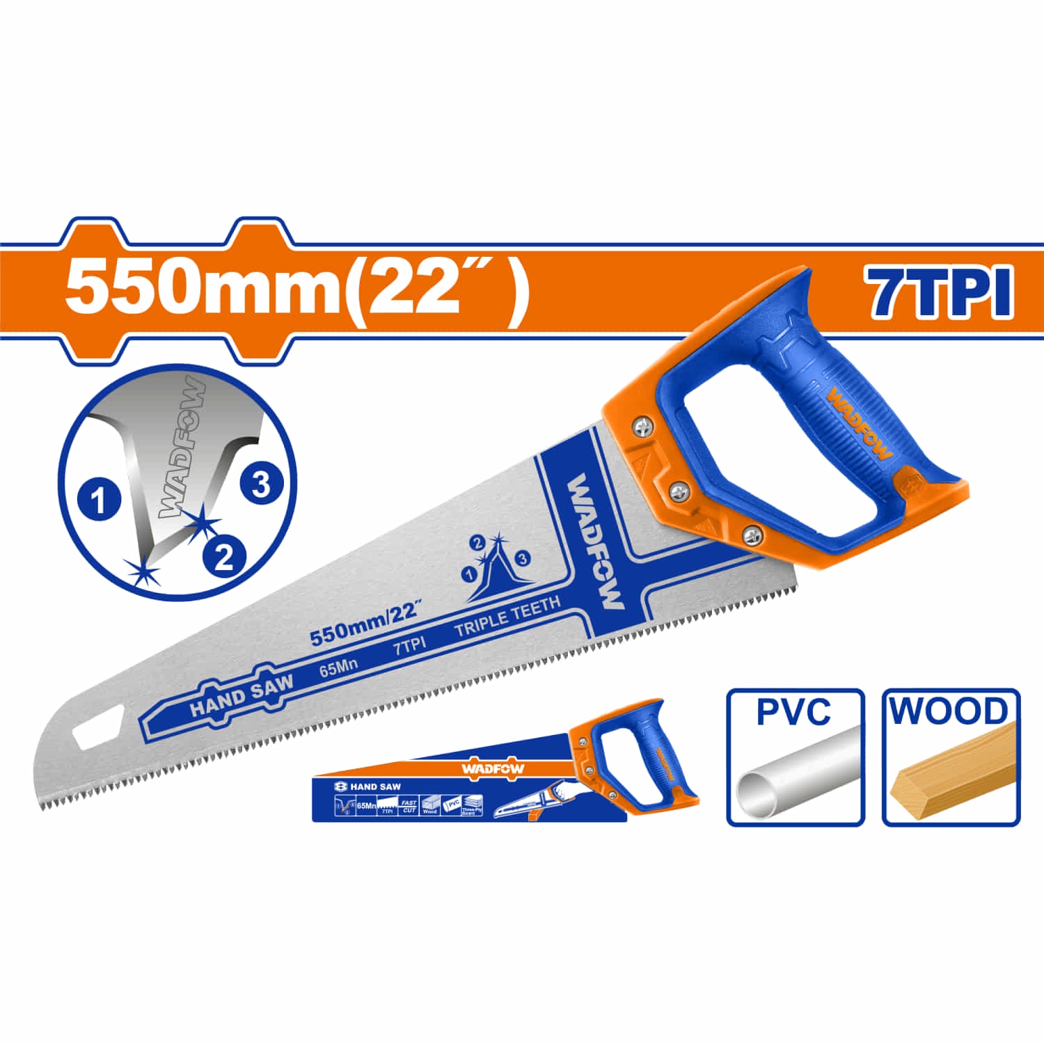 Serrucho 22" 7TPI Dientes Triples. Acero 65Mn. Sierra de mano.