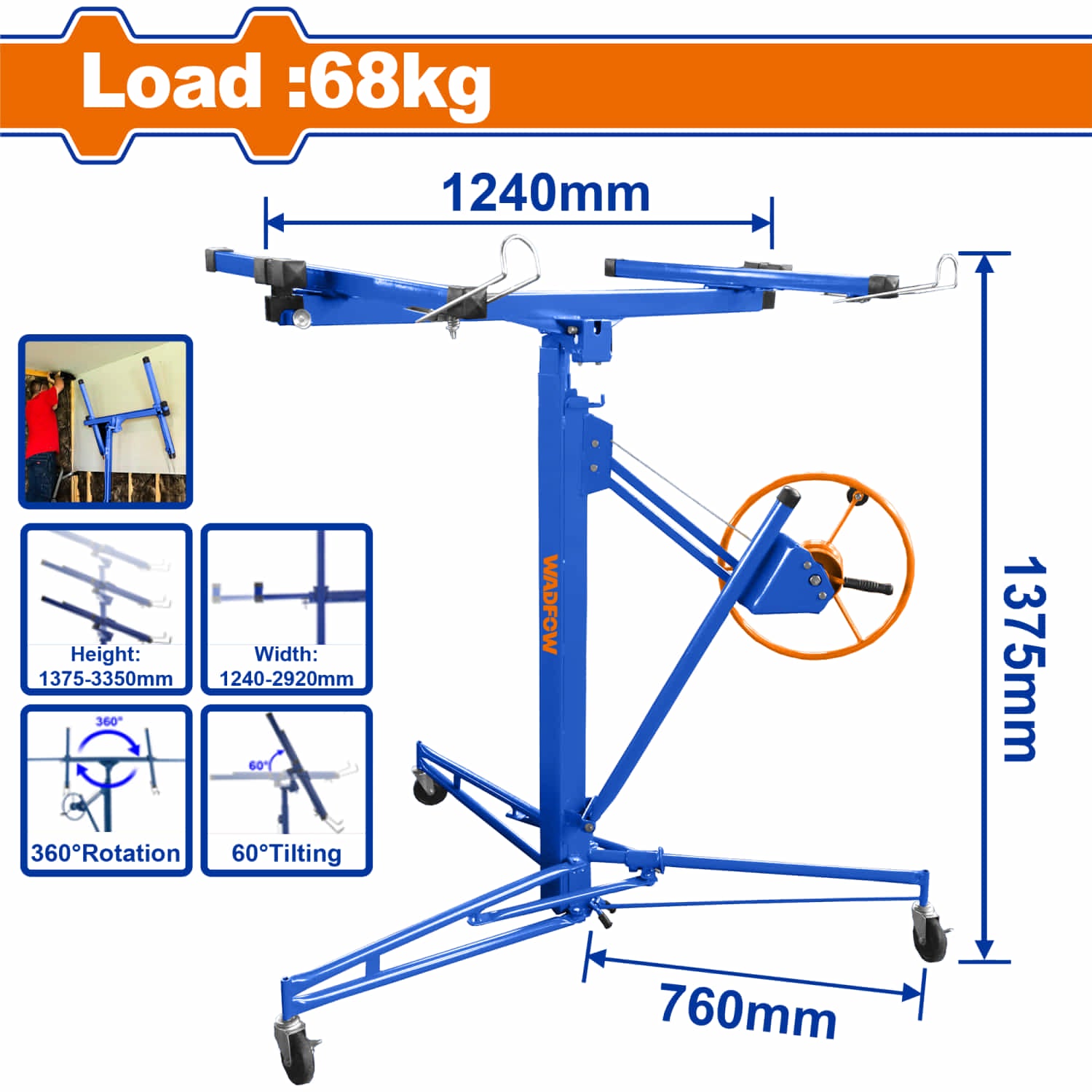 Grua Elevador para láminas de Gypsum Yeso Drywall Peso Max. 68Kg Tamaño: 48x192 Panel de Elevación Cartón Yeso