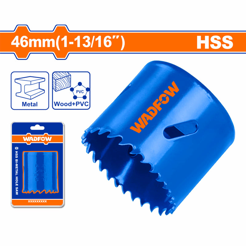 Broca cilíndrica HSS M3 Bi-Metal, dientes 4-6TPI, diámetro 46mm. Profundidad de corte:38mm.