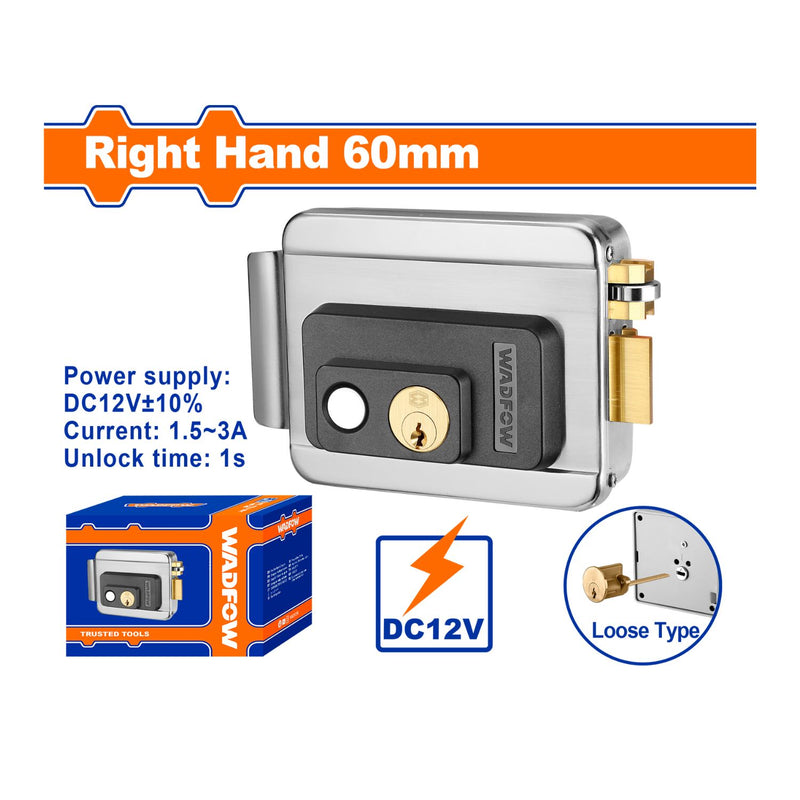 Cerradura eléctrica puertas madera. Distancia de retroceso: 60mm. Apertura de mano derecha. Cilindro suelto Tamaño de la cerradura: 130x105x40mm. Incluye 3 llaves.