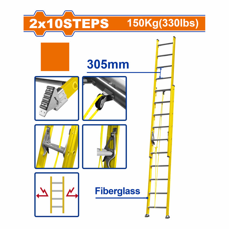 Escalera Extensible 2x10 de fibra de vidrio. Carga Máx. 150Kg Altura escalón 305mm.