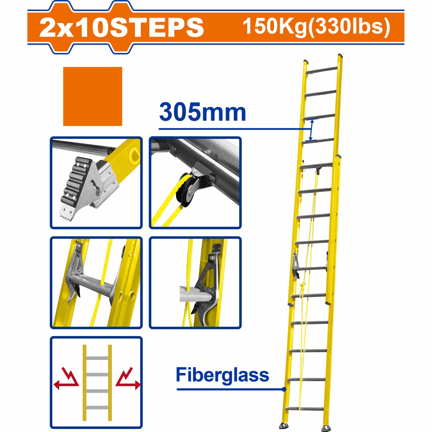 Escalera Extensible 2x10 de fibra de vidrio. Carga Máx. 150Kg Altura escalón 305mm.