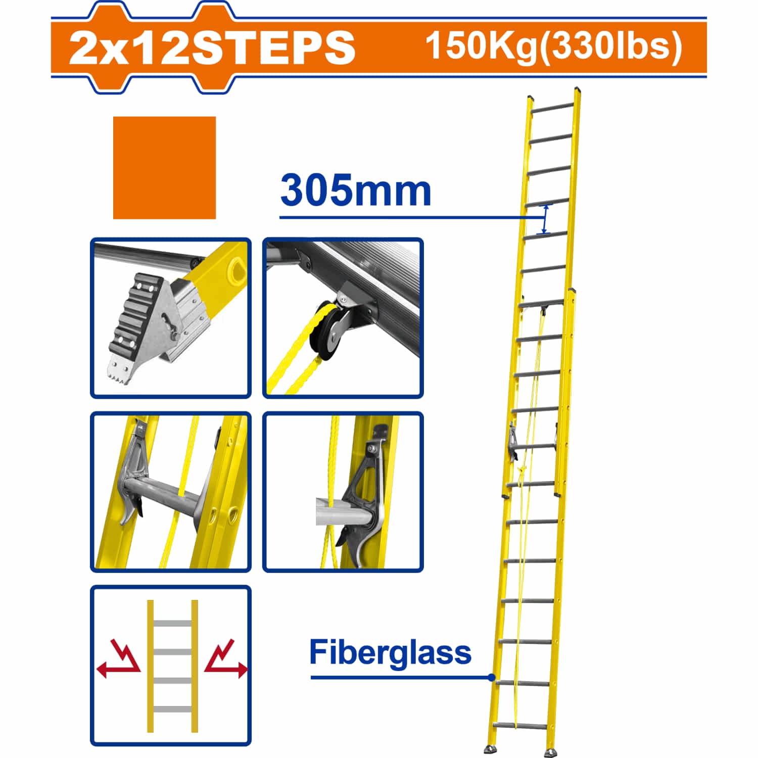 Escalera Extensible 2x12 de fibra de vidrio. Carga Máx. 150Kg Altura escalón 305mm.