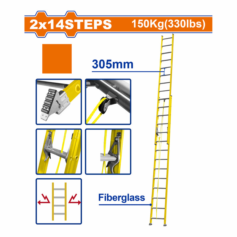 Escalera Extensible 2x14 de fibra de vidrio. Carga Máx. 150Kg Altura escalón 305mm.