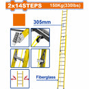 Escalera Extensible 2x14 de fibra de vidrio. Carga Máx. 150Kg Altura escalón 305mm.