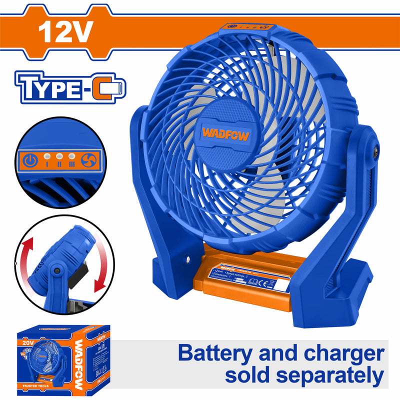 Abanico 7" 12V inalámbrico. Usa cable tipo-C Batería y cargador por separado.