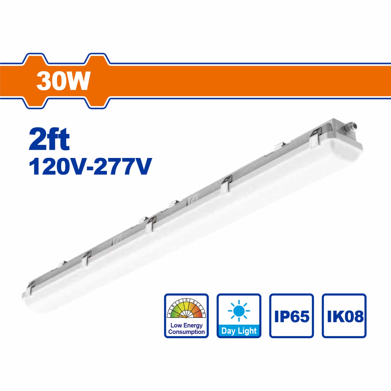 Lámpara LED Rectangular Industrial IP65 30W Long. 2 pies. 6500K 120Lm Luz Diurna. 600x95x76mm Anti agua para bodegas.