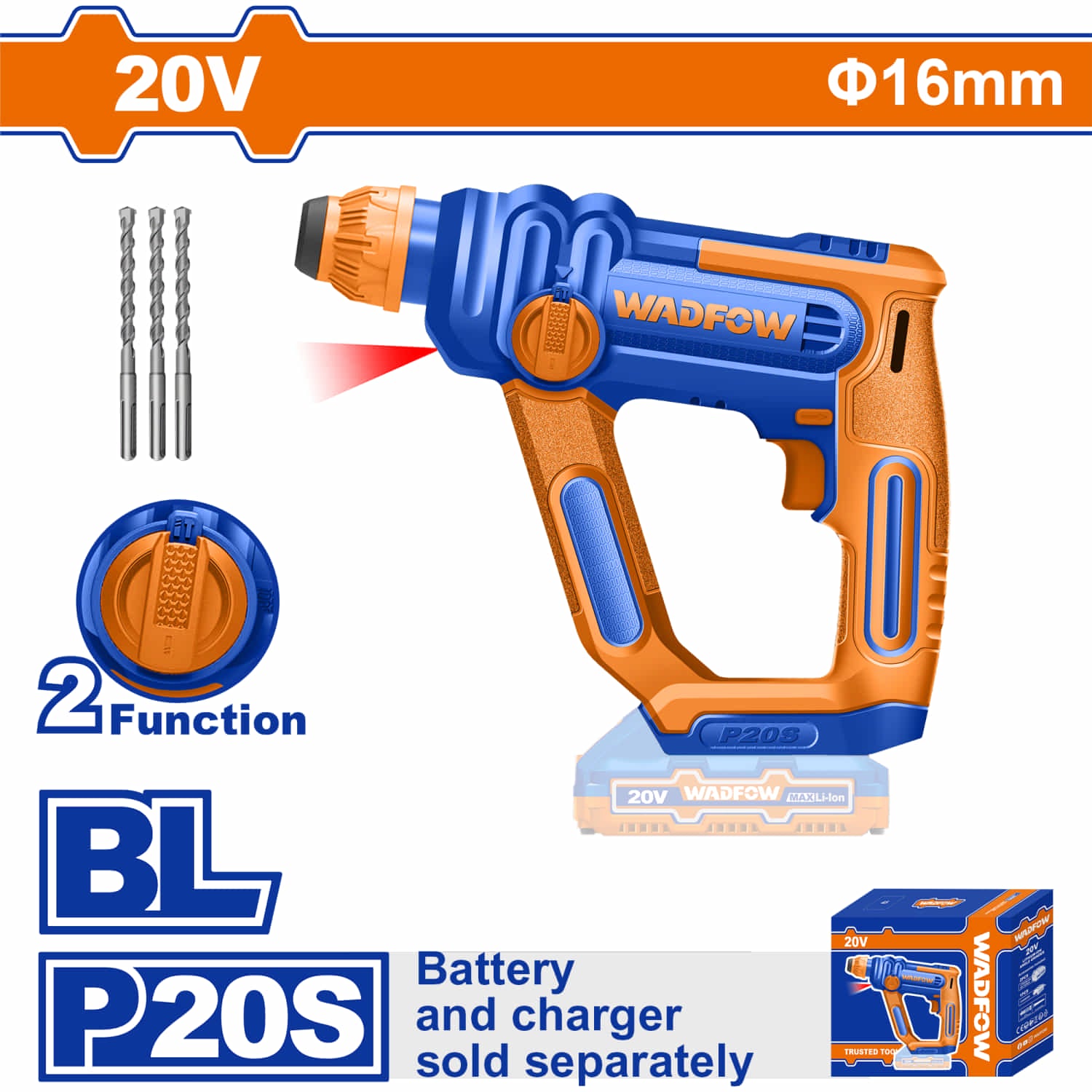 Taladro Rotomartillo 20V 850rpm. 5100bpm. Perfora 16mm en concreto. Incluye Brocas. No incluye batería y cargador. Demoledor