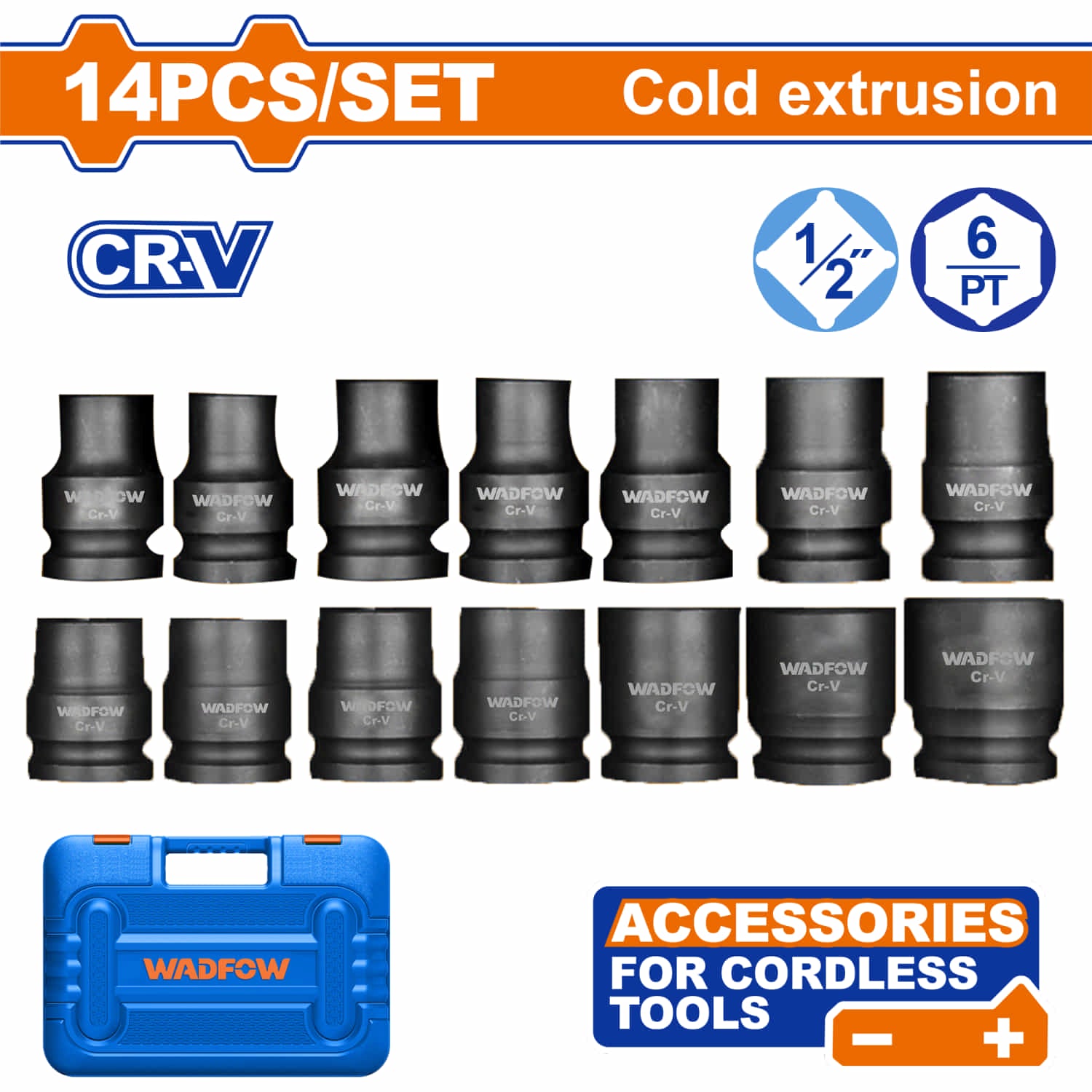 Dados de Impacto socket 1/2" cortor Cr-V (10-27 mm) Tratamiento térmico. Compatible con WCD1512 WCD1B48 Set de 14 Piezas. Juego