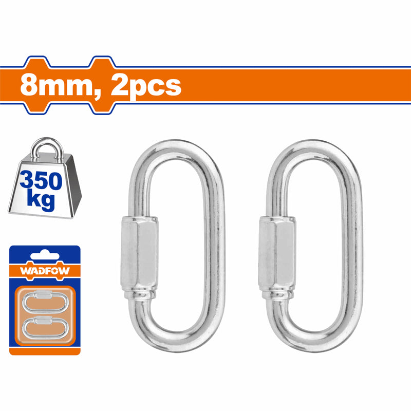 Mosquetones de Seguridad con tuerca roscada. Carga máx 350Kg. Acero al carbono. Set de 2 piezas. Eslabon con seguro.