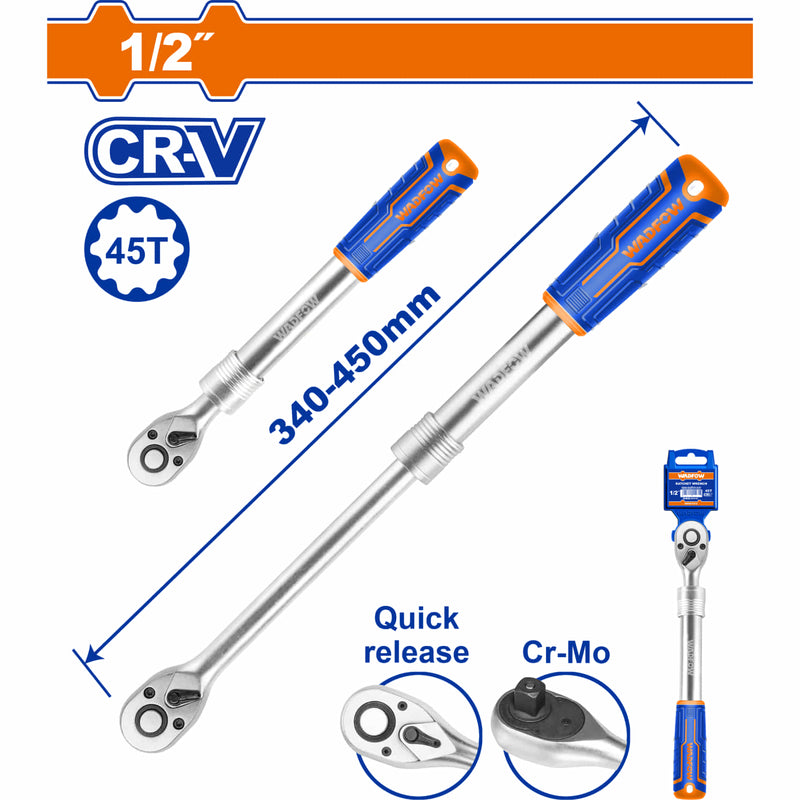 Ratchet llave Extendible 1/2" Dientes 45T Longitud 340-450mm. Cr-V + CrMo. Tratamiento térmico. Mango suave dos colores. Cromado. Socket