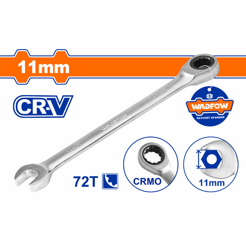 Llave combinada con Ratchet 11mm. Cr-V Cromada. Acabado Mate. 72 dientes.