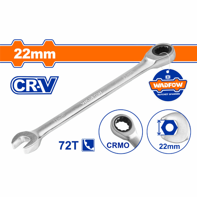 Llave combinada con Ratchet 22mm. Cr-V Cromada. Acabado Mate. 72 dientes.