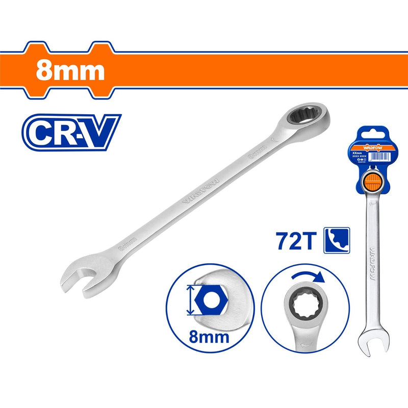 Llave combinada con Ratchet 8mm. Cr-V Cromada. Acabado Mate. 72 dientes