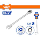 Llave combinada con Ratchet 9mm Long 150mm Cr-V Cromada. Acabado Mate. 72 dientes.