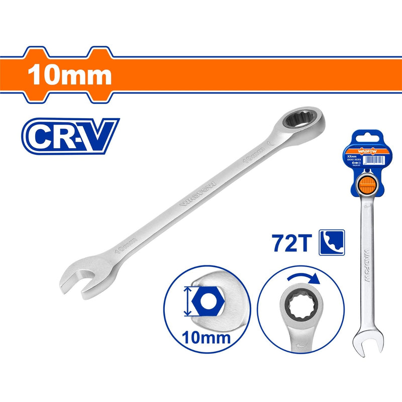 Llave combinada con Ratchet 10mm Long 160mm. Cr-V Cromada. Acabado Mate. 72 dientes