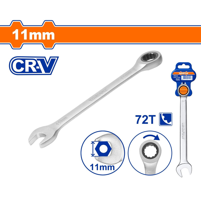 Llave combinada con Ratchet 11mm 165m Cr-V Cromada. Acabado Mate. 72 dientes.