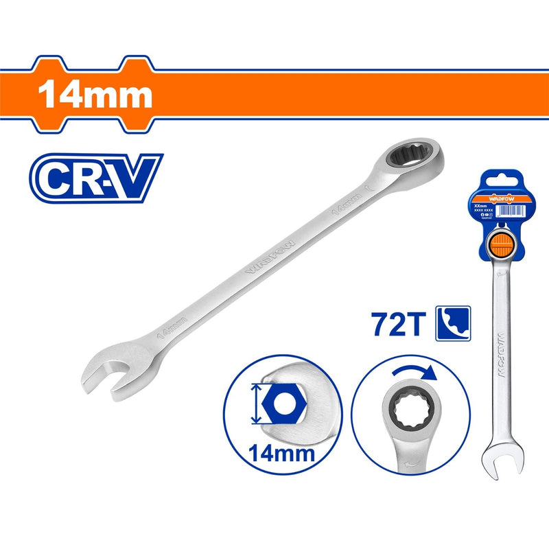 Llave combinada con Ratchet 14mm 190mm Cr-V Cromada. Acabado Mate. 72 dientes.
