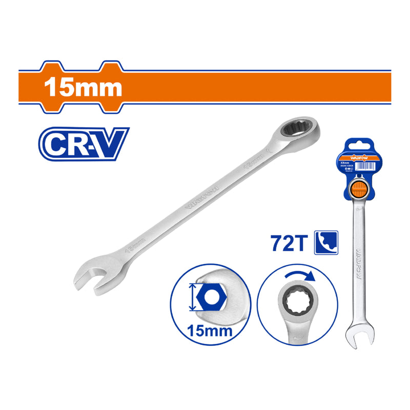 Llave combinada con Ratchet 15mm Long 200mm  Cr-V Cromada. Acabado Mate. 72 dientes.