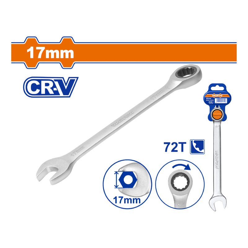 Llave combinada con Ratchet 17mm. Cr-V Cromada. Acabado Mate. 72 dientes.