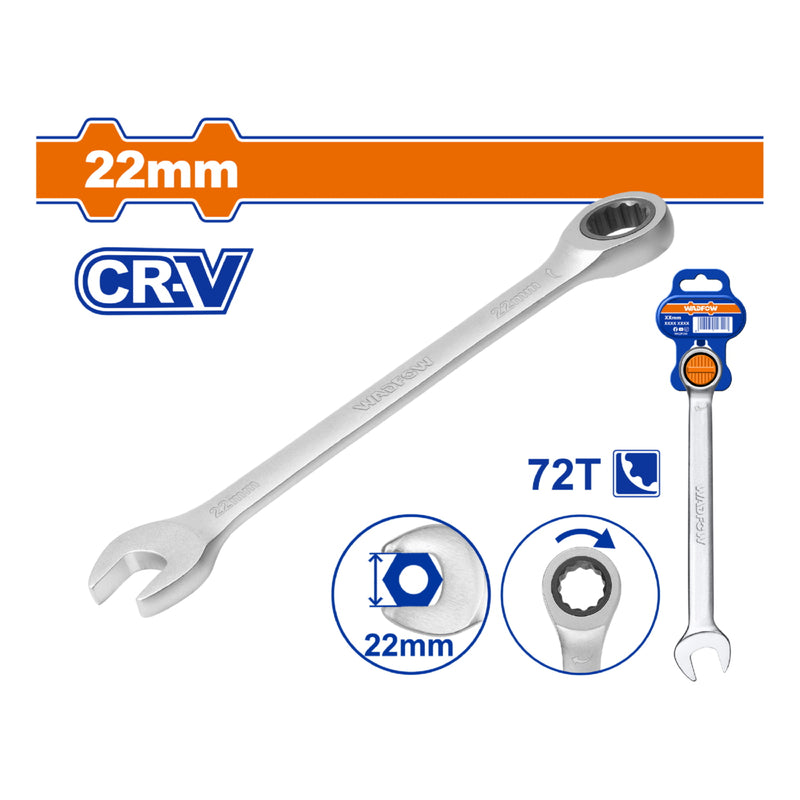 Llave combinada con Ratchet 22mm. Long 287mm.  Cr-V Acabado Mate 72 dientes.