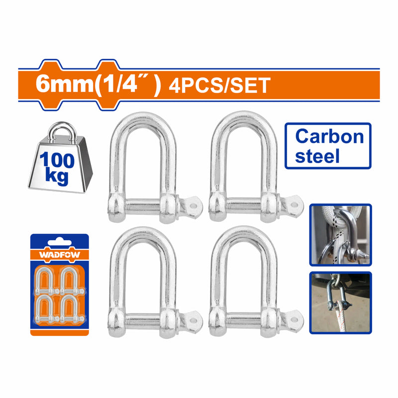 Grilletes de tornillo tipo D 1/4" Capac. 100Kg Set de 4 pzas. Grillete de perno