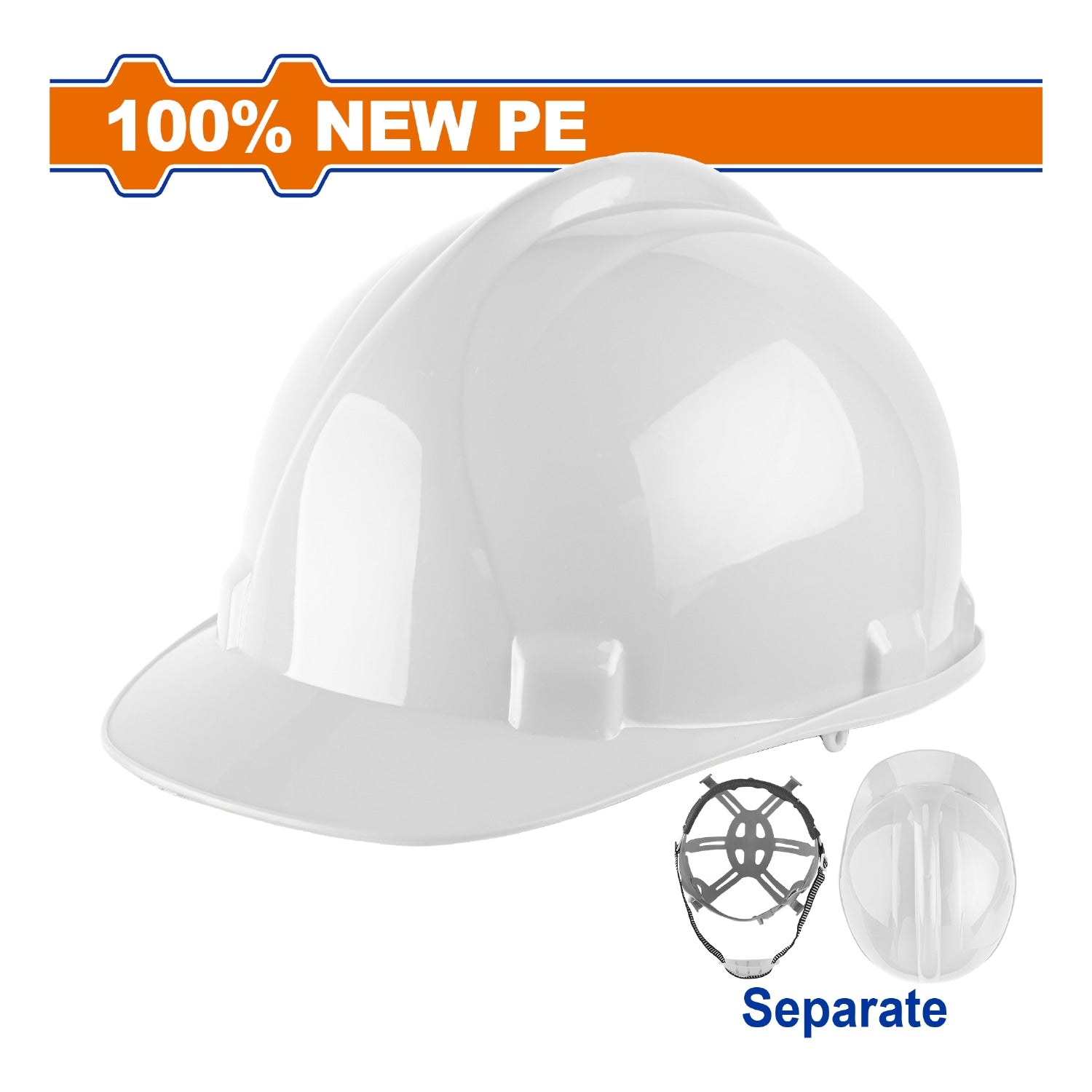 Casco de seguridad color blanco. 6 puntos de suspension. Ajustable. Carcasa de PE. Incluye correa.